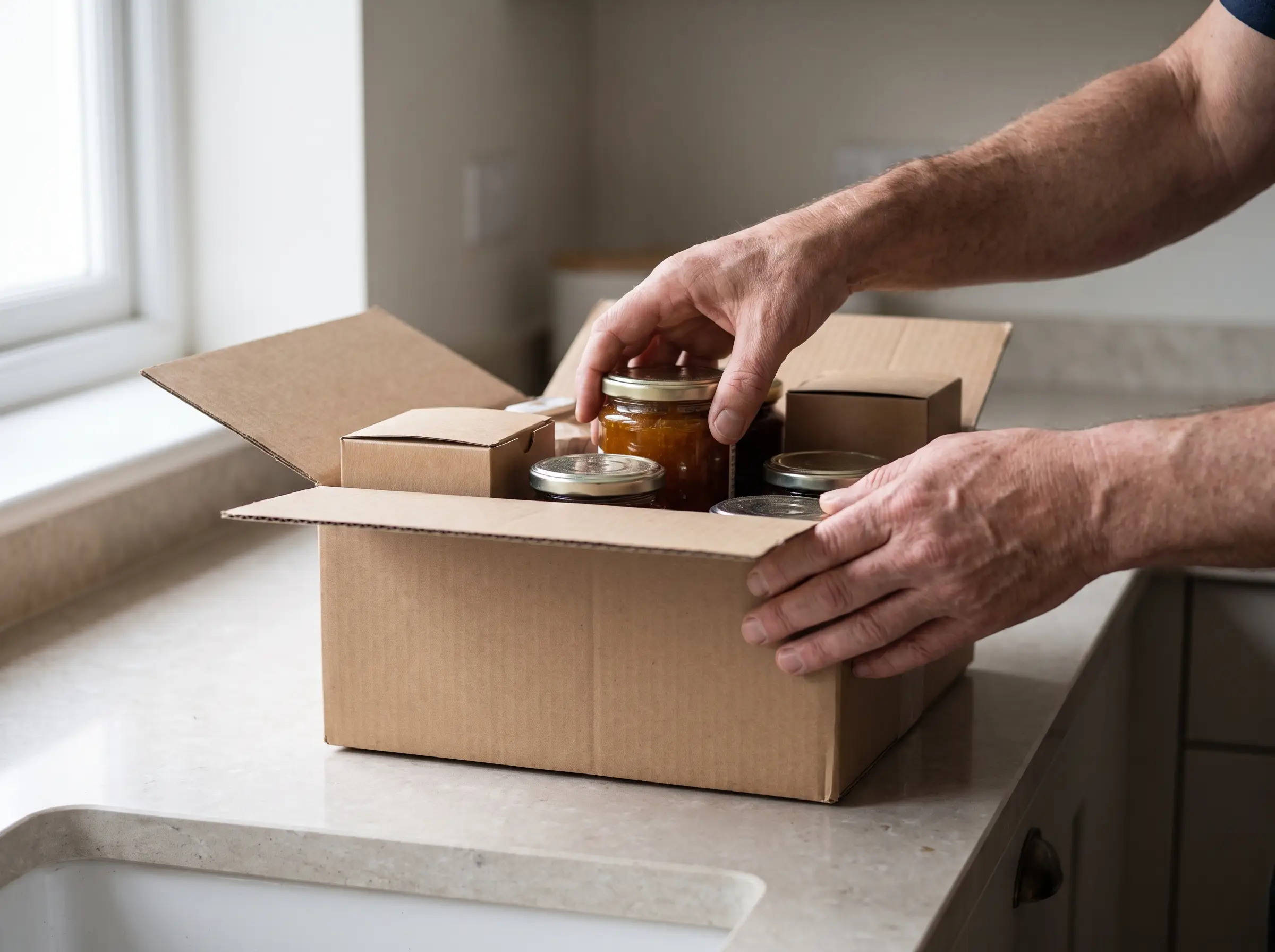 Hands packing jars of honey and canned goods into a kraft delivery parcel at the Siris Store counter